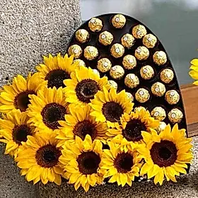 Caja corazón negra con girasoles y bombones Ferrero Rocher
