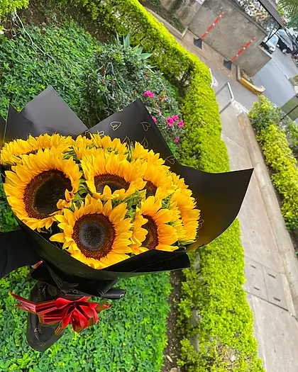 Ramo de girasoles envuelto en papel negro mate sobre jardín verde